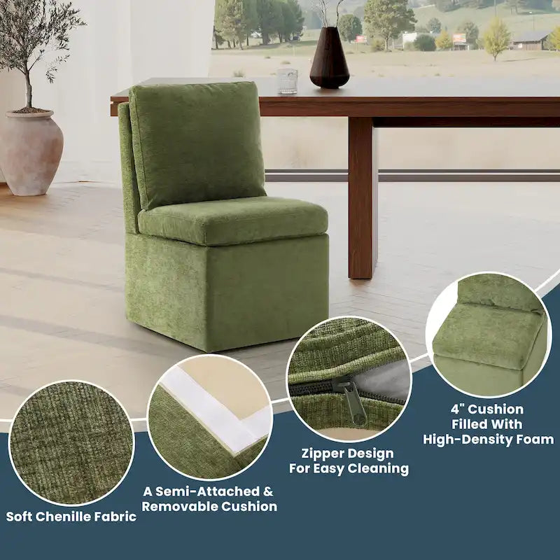 Chenille Upholstered Dining Chair with Under-Seat Storage and Caster Wheels