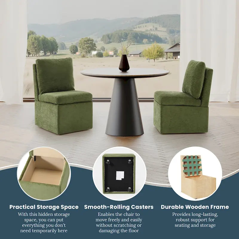 Chenille Upholstered Dining Chair with Under-Seat Storage and Caster Wheels