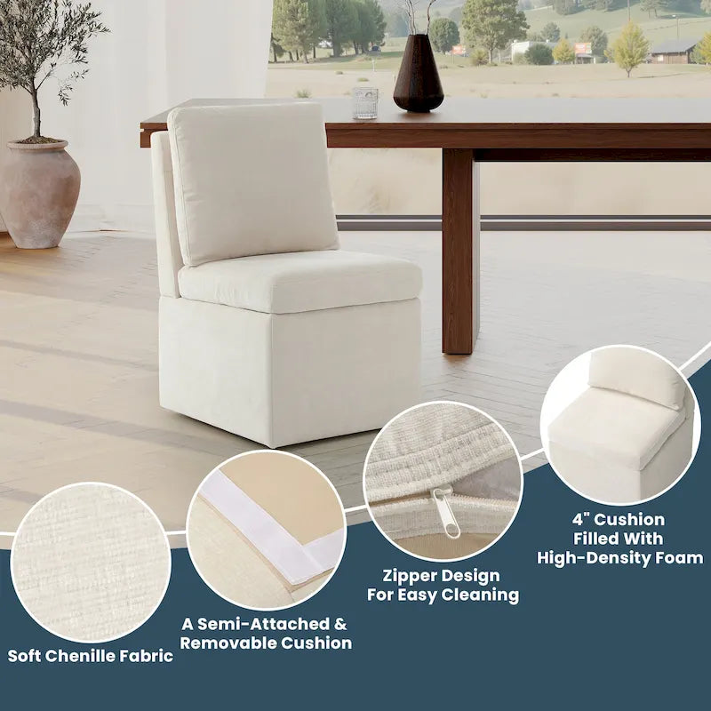 Chenille Upholstered Dining Chair with Under-Seat Storage and Caster Wheels