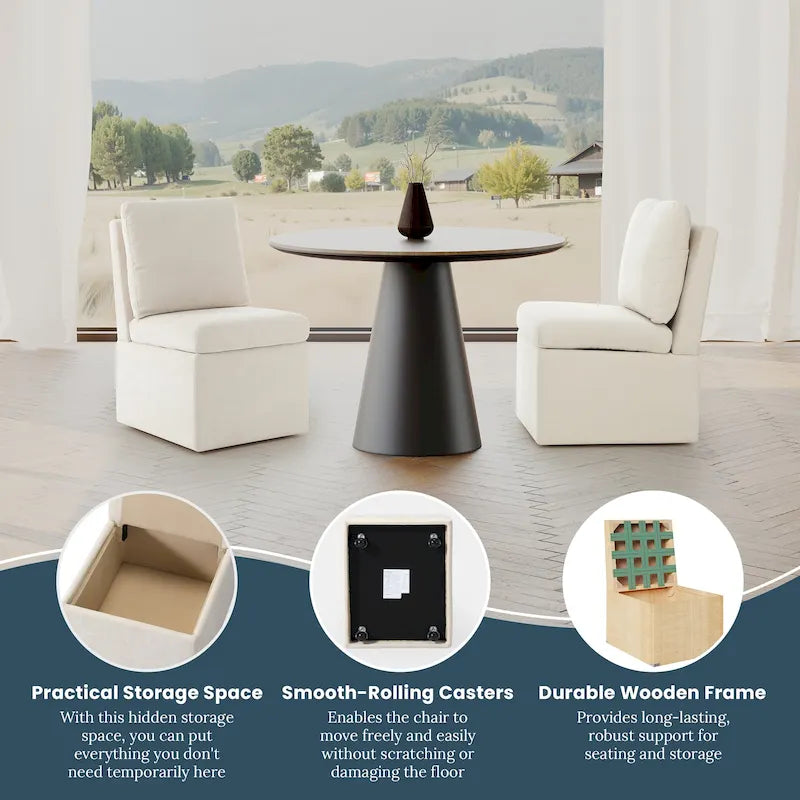 Chenille Upholstered Dining Chair with Under-Seat Storage and Caster Wheels