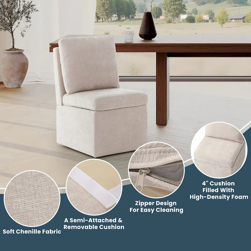 Chenille Upholstered Dining Chair with Under-Seat Storage and Caster Wheels