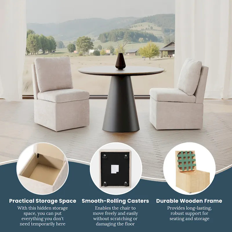 Chenille Upholstered Dining Chair with Under-Seat Storage and Caster Wheels
