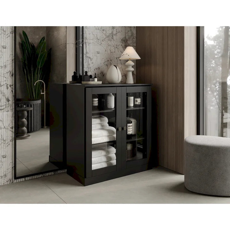 Solid Wood 32" Bathroom Cabinet with Clear Glass Doors and Adjustable Shelves