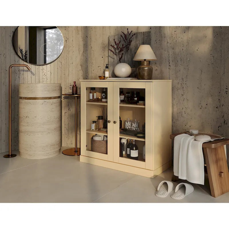 Solid Wood 32" Bathroom Cabinet with Clear Glass Doors and Adjustable Shelves