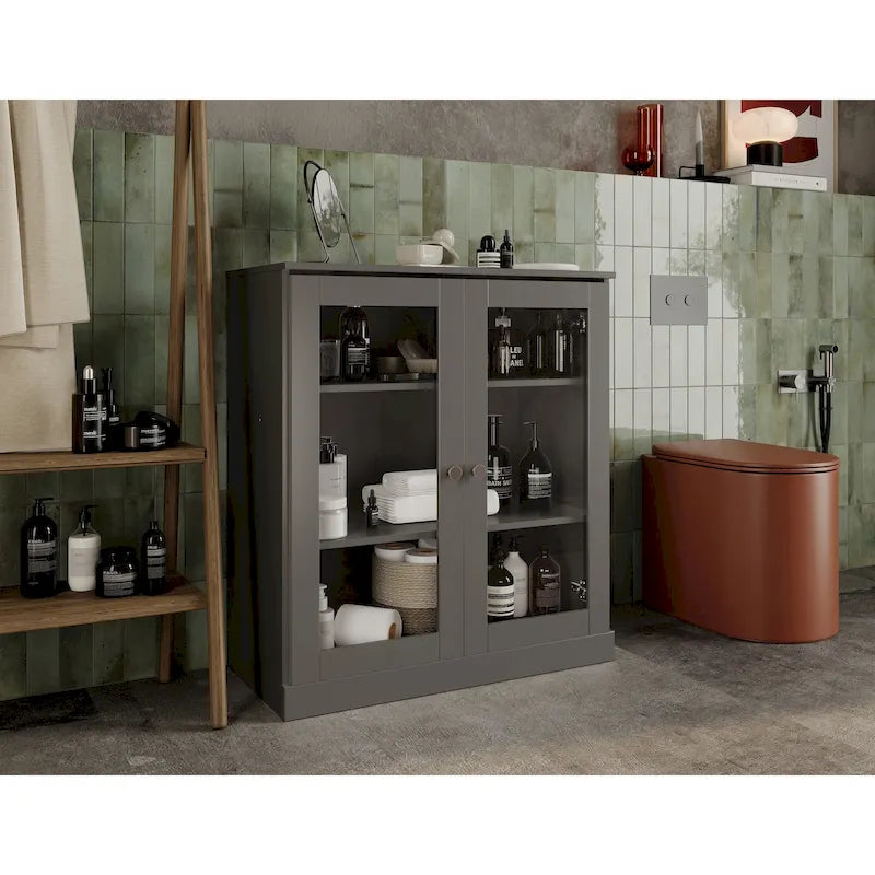 Solid Wood 32" Bathroom Cabinet with Clear Glass Doors and Adjustable Shelves