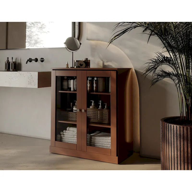 Solid Wood 32" Bathroom Cabinet with Clear Glass Doors and Adjustable Shelves