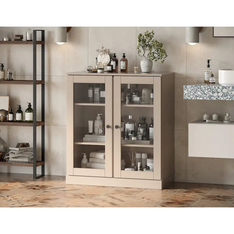 Solid Wood 32" Bathroom Cabinet with Clear Glass Doors and Adjustable Shelves