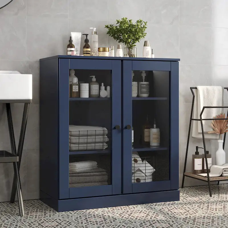 Solid Wood 32" Bathroom Cabinet with Clear Glass Doors and Adjustable Shelves