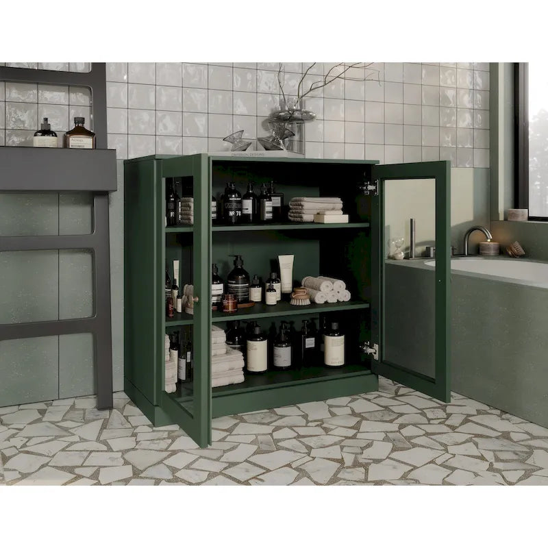 Solid Wood 32" Bathroom Cabinet with Clear Glass Doors and Adjustable Shelves