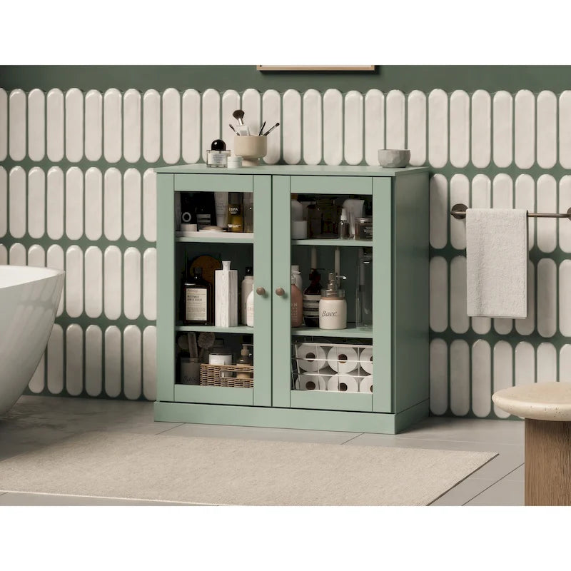 Solid Wood 32" Bathroom Cabinet with Clear Glass Doors and Adjustable Shelves