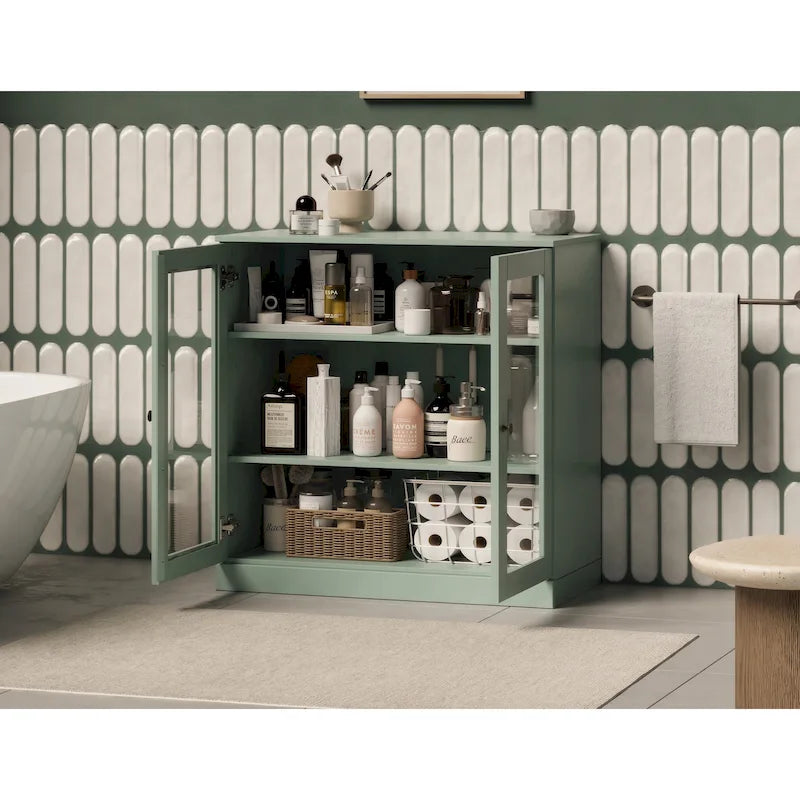 Solid Wood 32" Bathroom Cabinet with Clear Glass Doors and Adjustable Shelves