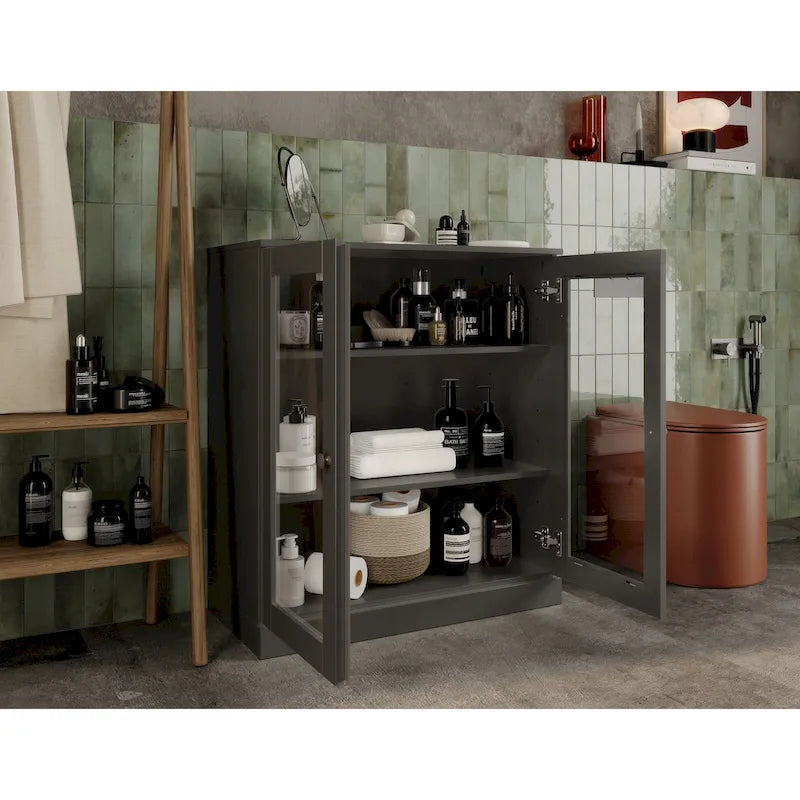 Solid Wood 32" Bathroom Cabinet with Clear Glass Doors and Adjustable Shelves