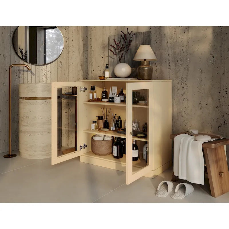 Solid Wood 32" Bathroom Cabinet with Clear Glass Doors and Adjustable Shelves