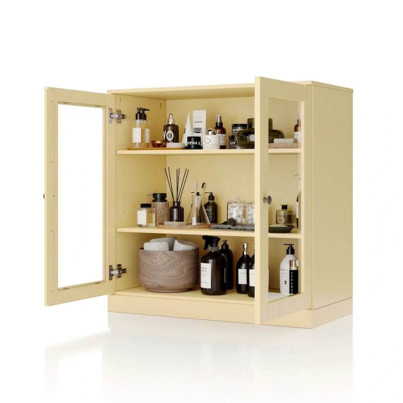 Solid Wood 32" Bathroom Cabinet with Clear Glass Doors and Adjustable Shelves