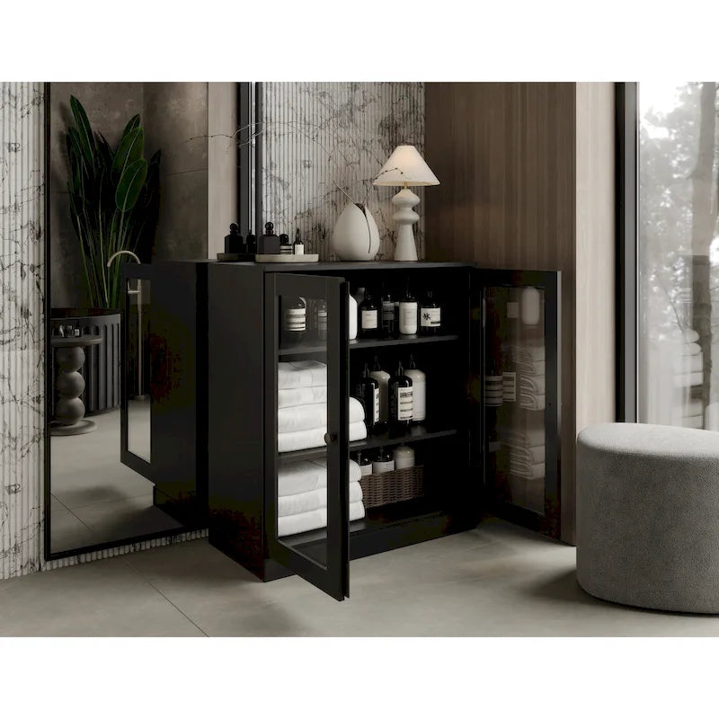 Solid Wood 32" Bathroom Cabinet with Clear Glass Doors and Adjustable Shelves