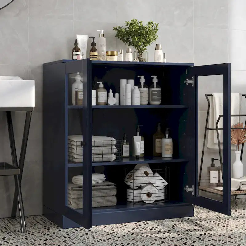 Solid Wood 32" Bathroom Cabinet with Clear Glass Doors and Adjustable Shelves