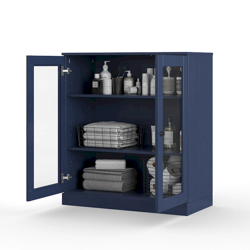 Solid Wood 32" Bathroom Cabinet with Clear Glass Doors and Adjustable Shelves