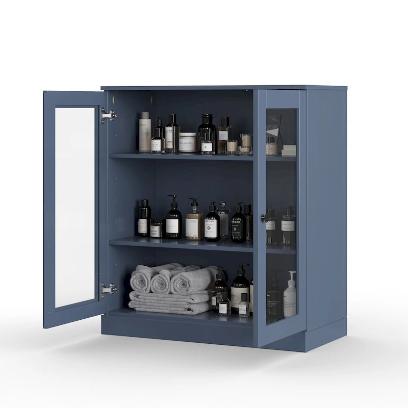 Solid Wood 32" Bathroom Cabinet with Clear Glass Doors and Adjustable Shelves