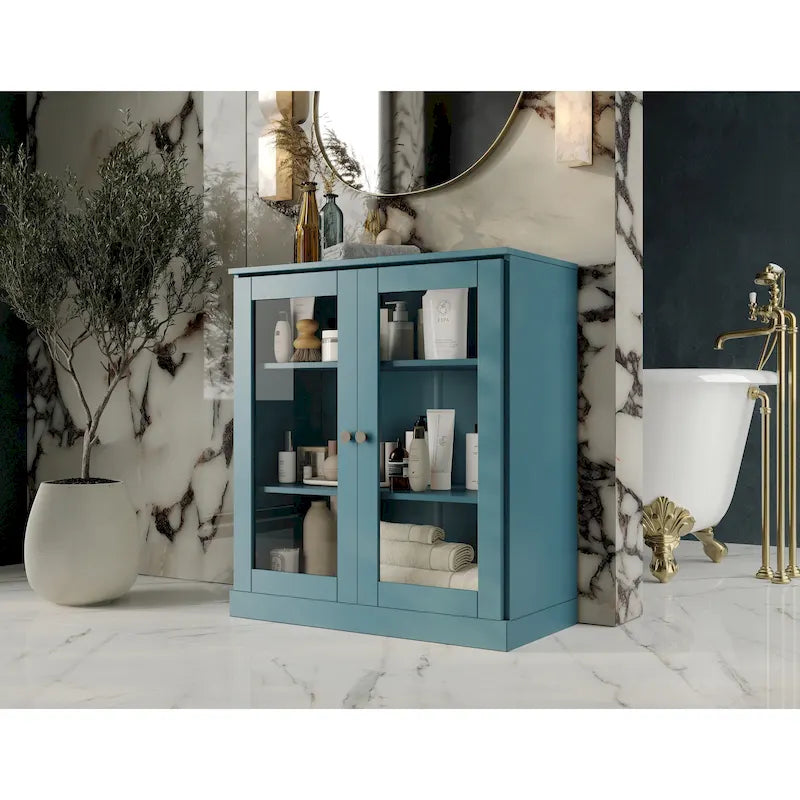 Solid Wood 32" Bathroom Cabinet with Clear Glass Doors and Adjustable Shelves