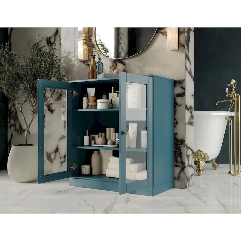 Solid Wood 32" Bathroom Cabinet with Clear Glass Doors and Adjustable Shelves
