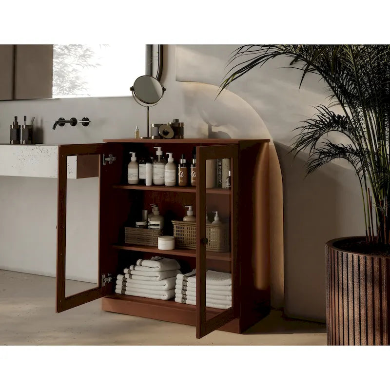 Solid Wood 32" Bathroom Cabinet with Clear Glass Doors and Adjustable Shelves