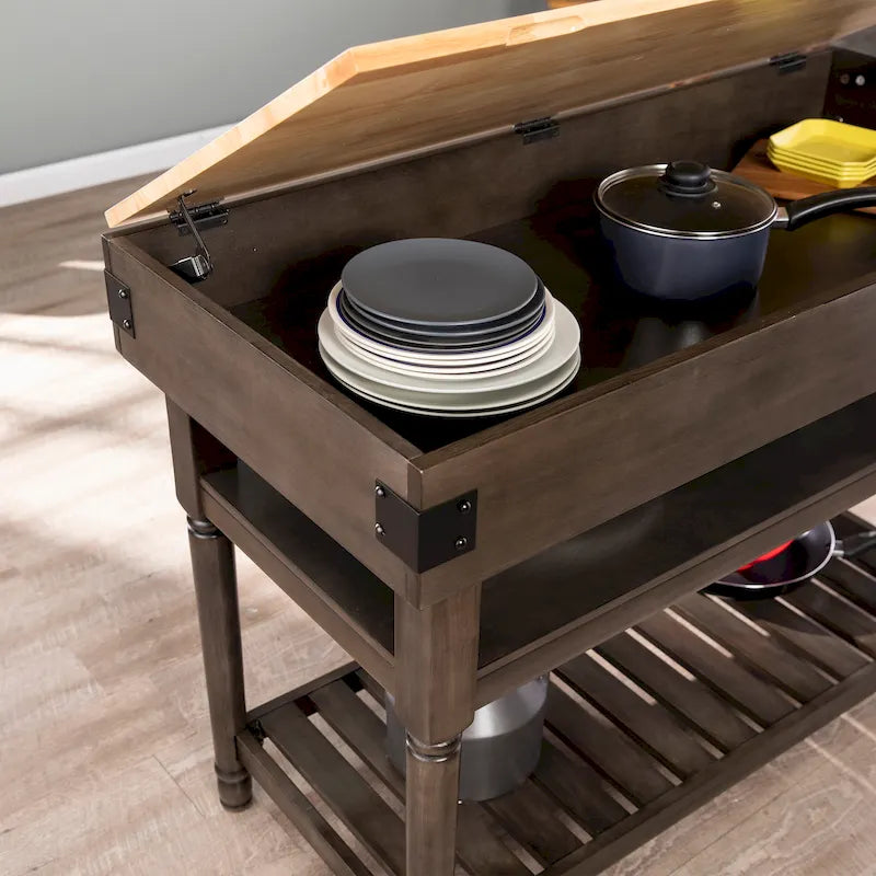 Transitional Gray Storage Kitchen Island with Butcher Block Top