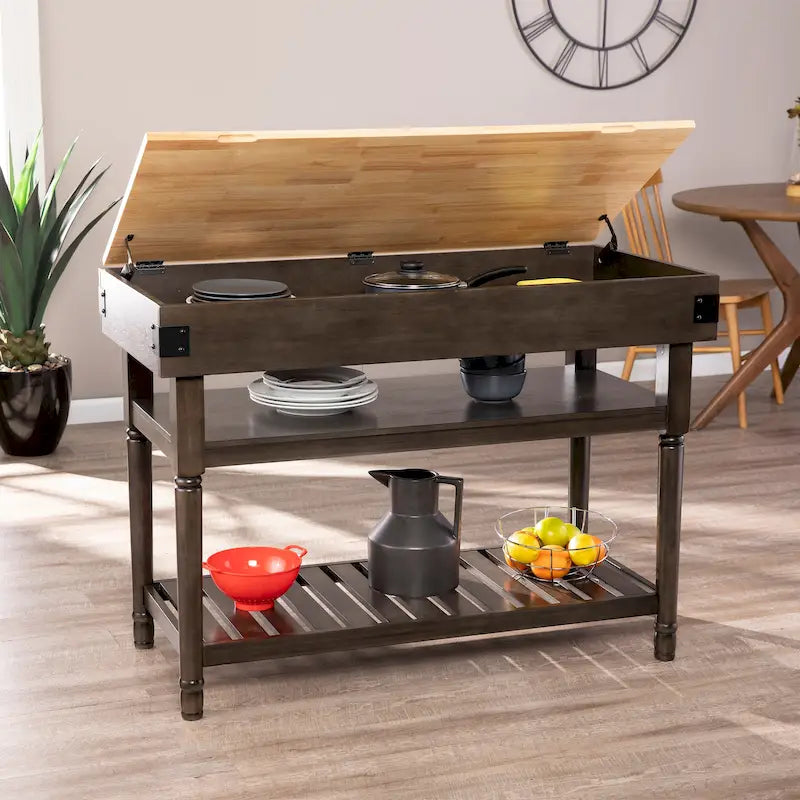 Transitional Gray Storage Kitchen Island with Butcher Block Top