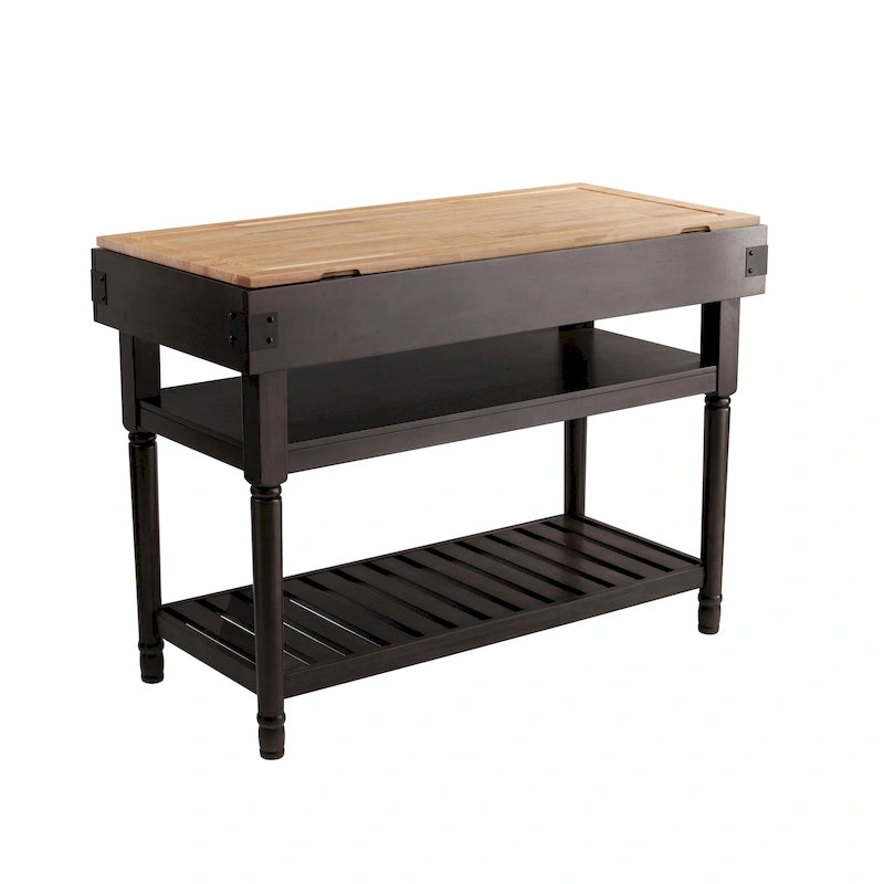 Transitional Gray Storage Kitchen Island with Butcher Block Top