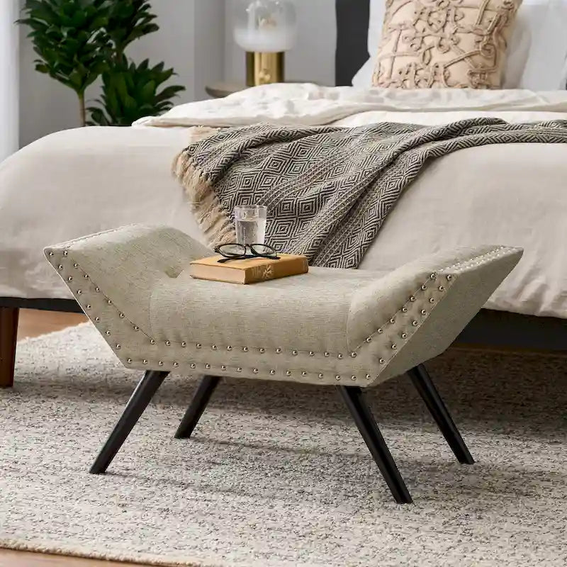 Tufted Fabric Ottoman Bench with Nailhead Trim and Angled Legs