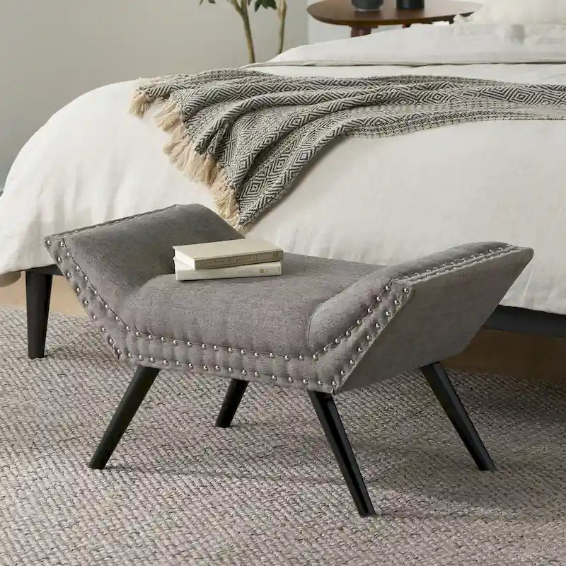 Tufted Fabric Ottoman Bench with Nailhead Trim and Angled Legs