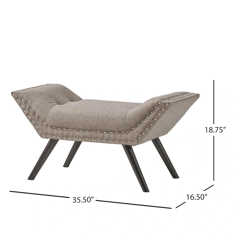 Tufted Fabric Ottoman Bench with Nailhead Trim and Angled Legs