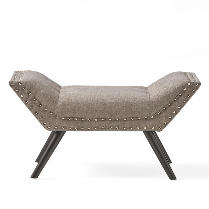 Tufted Fabric Ottoman Bench with Nailhead Trim and Angled Legs