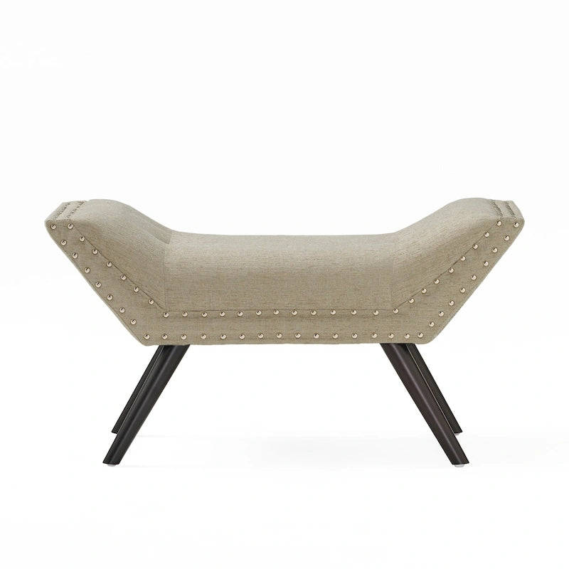 Tufted Fabric Ottoman Bench with Nailhead Trim and Angled Legs