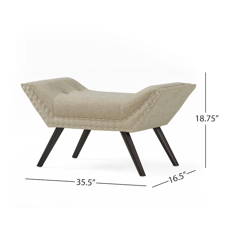 Tufted Fabric Ottoman Bench with Nailhead Trim and Angled Legs