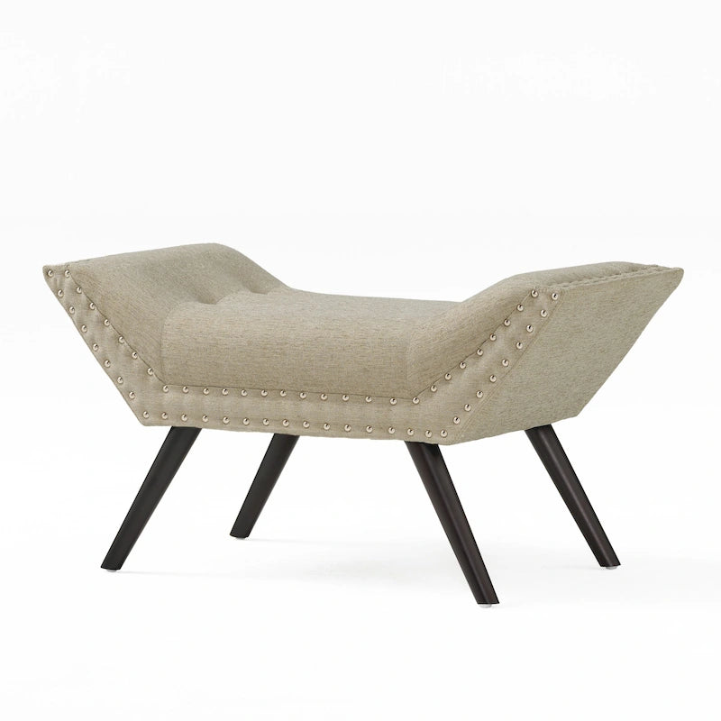 Tufted Fabric Ottoman Bench with Nailhead Trim and Angled Legs