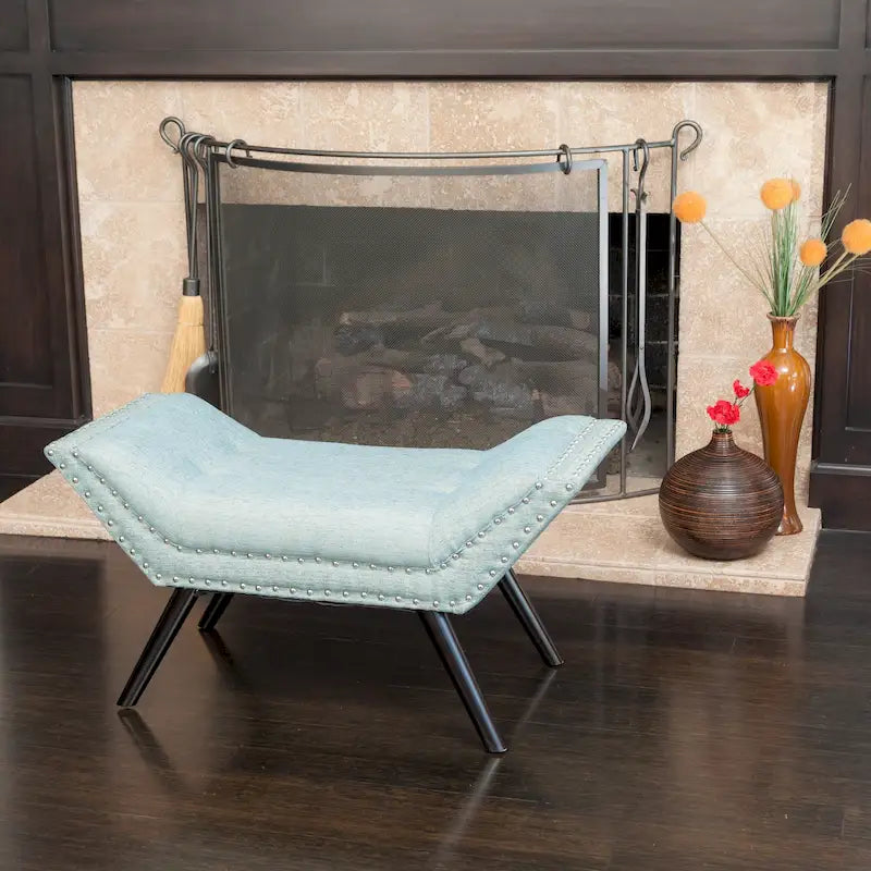 Tufted Fabric Ottoman Bench with Nailhead Trim and Angled Legs