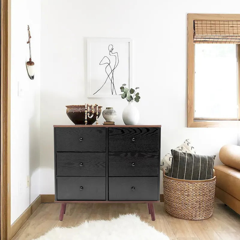Black 6-Drawer Accent Chest with Brown Accents