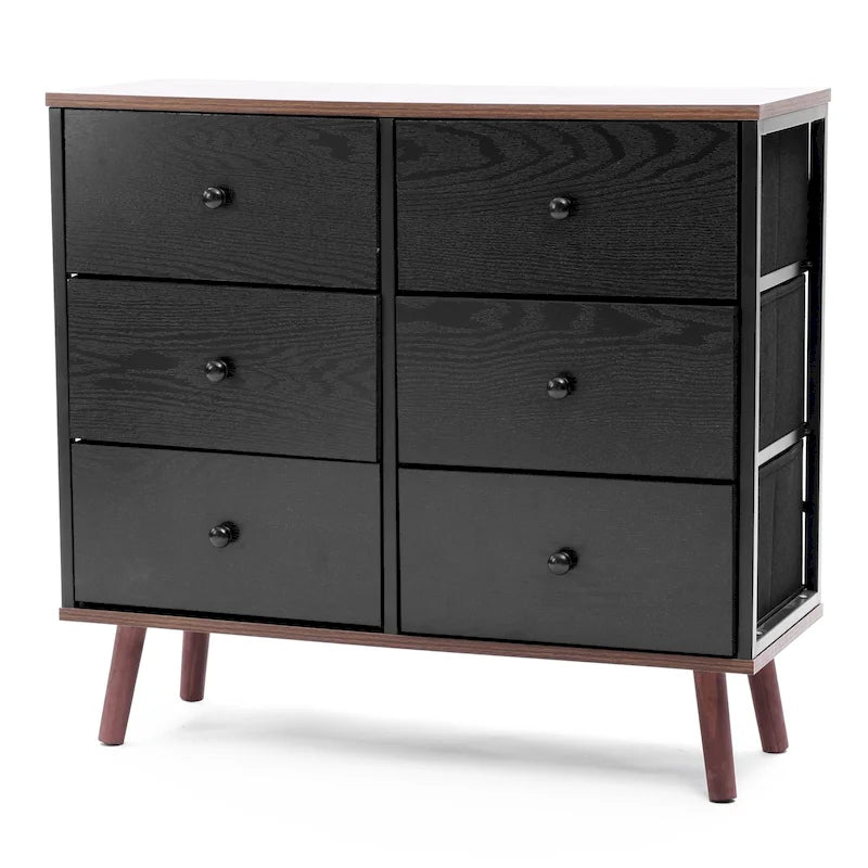 Black 6-Drawer Accent Chest with Brown Accents