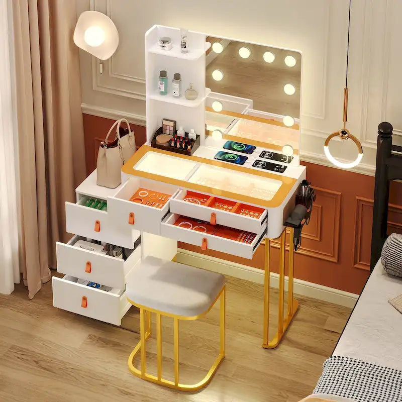 Lighted Makeup Vanity Table with 3-Color LED Mirror and Charging Station
