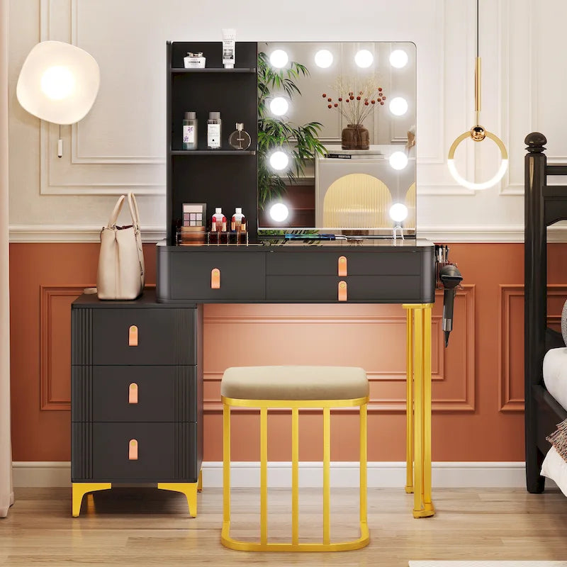 Lighted Makeup Vanity Table with 3-Color LED Mirror and Charging Station