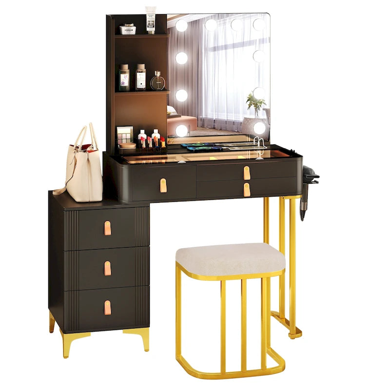 Lighted Makeup Vanity Table with 3-Color LED Mirror and Charging Station