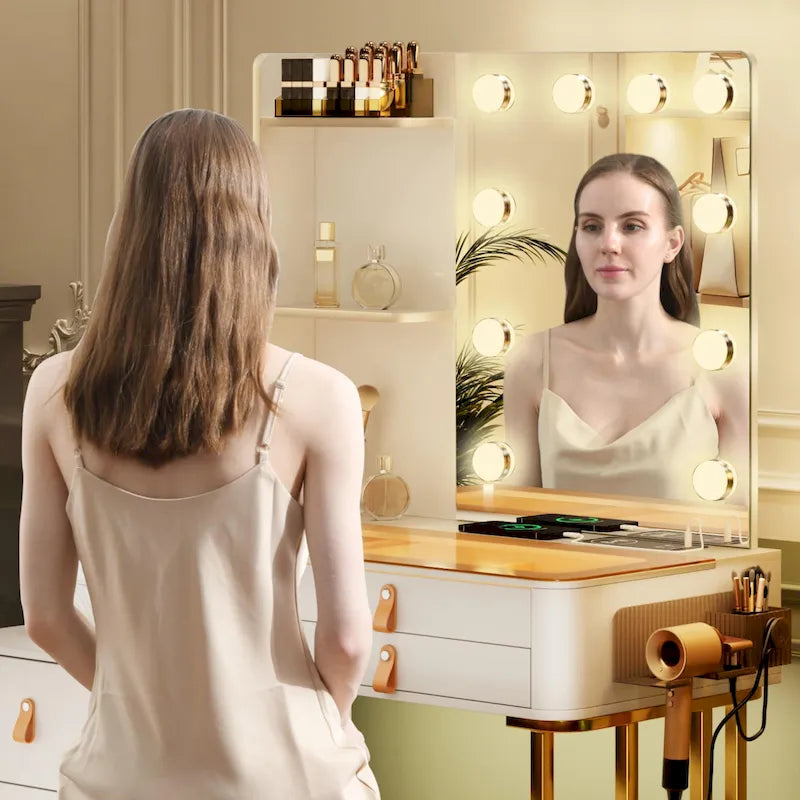 Lighted Makeup Vanity Table with 3-Color LED Mirror and Charging Station