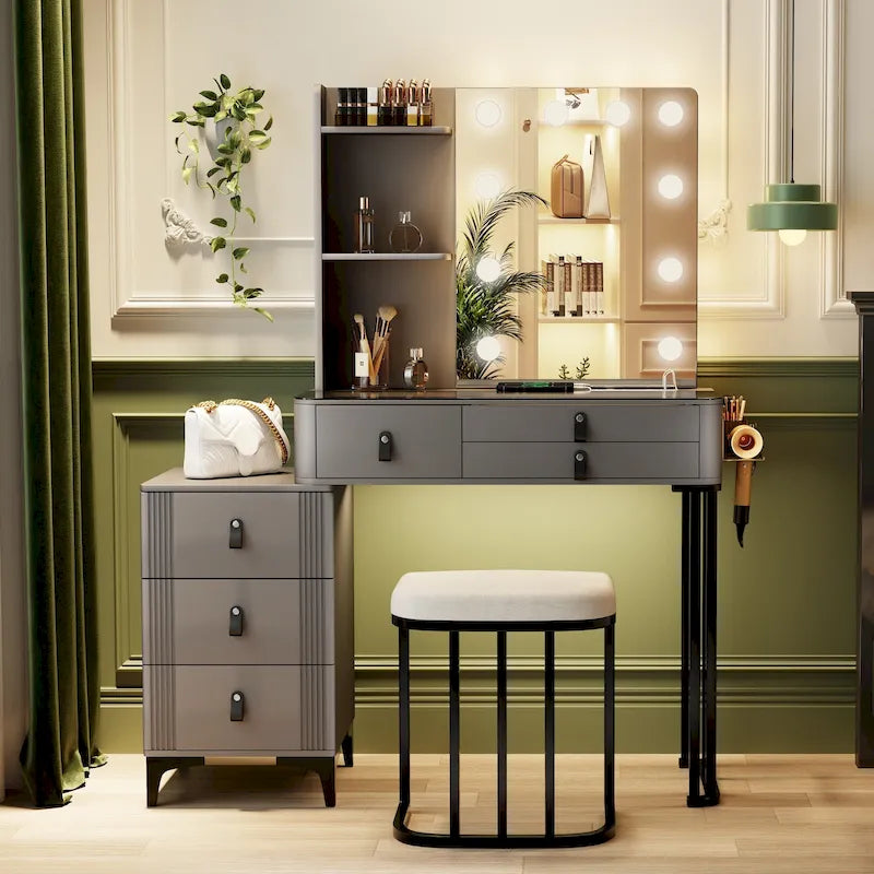 Lighted Makeup Vanity Table with 3-Color LED Mirror and Charging Station
