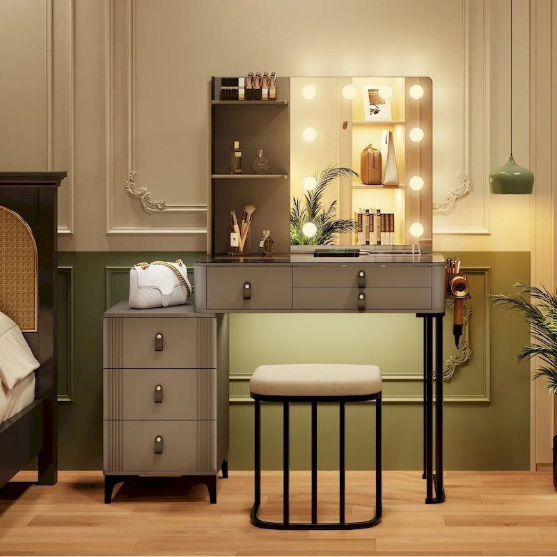 Lighted Makeup Vanity Table with 3-Color LED Mirror and Charging Station