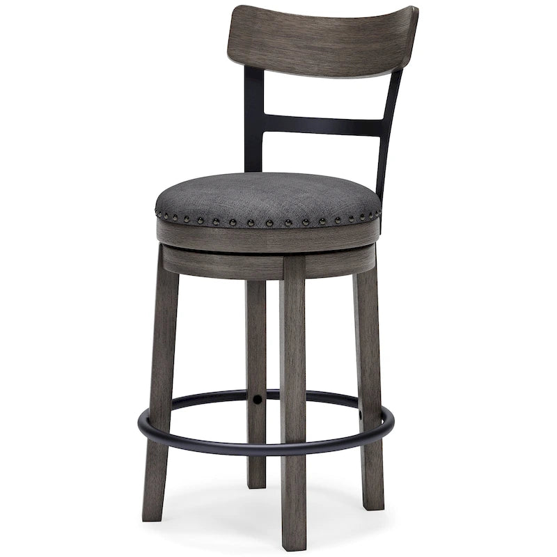 Gray Upholstered Swivel Bar Stool