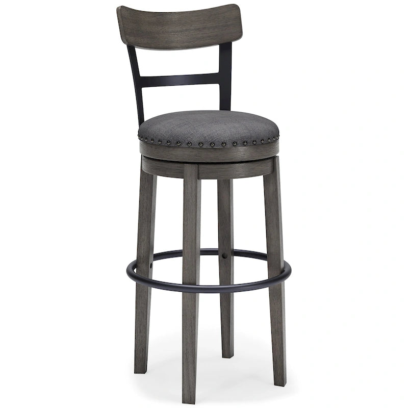 Gray Upholstered Swivel Bar Stool