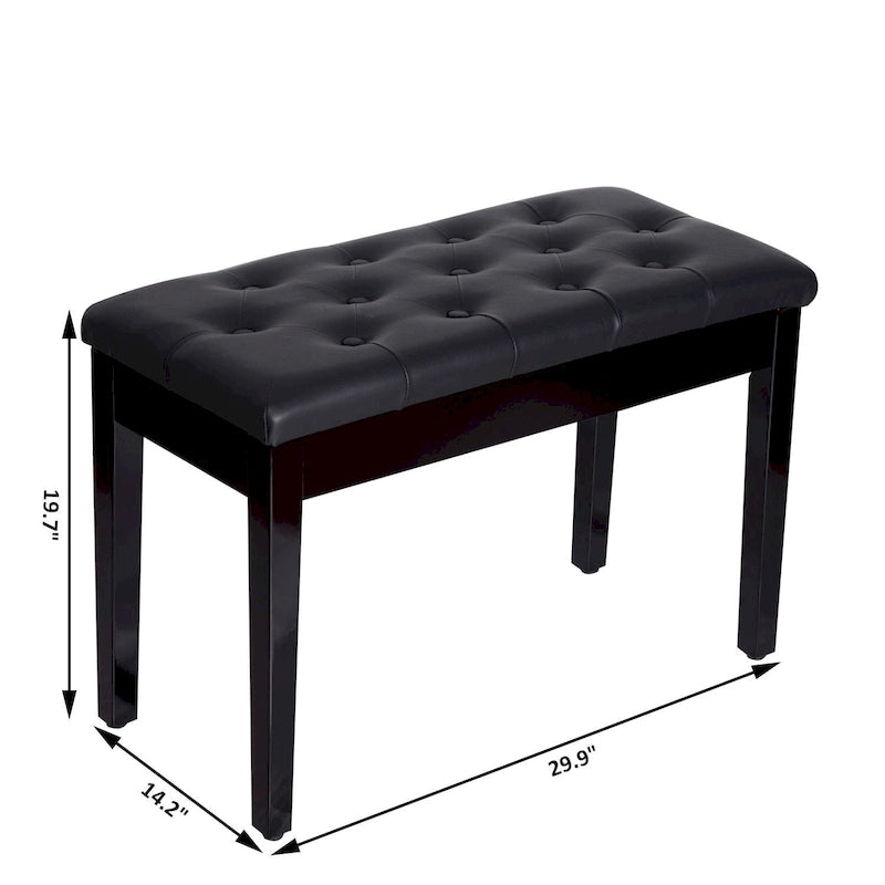 Faux Leather Padded 2-Person Duet Piano Bench with Storage, Black