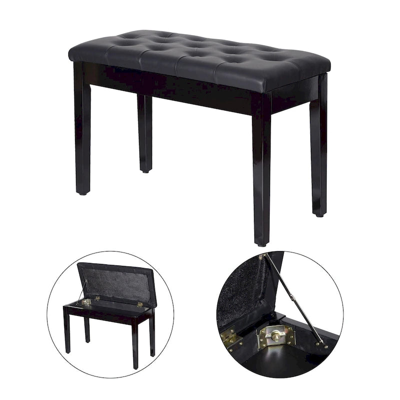 Faux Leather Padded 2-Person Duet Piano Bench with Storage, Black