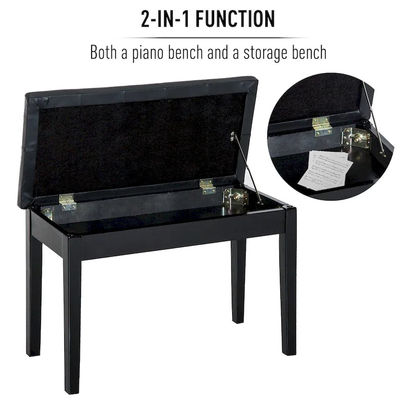 Faux Leather Padded 2-Person Duet Piano Bench with Storage, Black