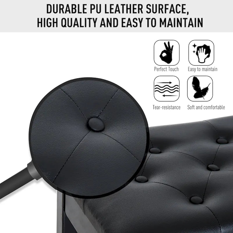Faux Leather Padded 2-Person Duet Piano Bench with Storage, Black